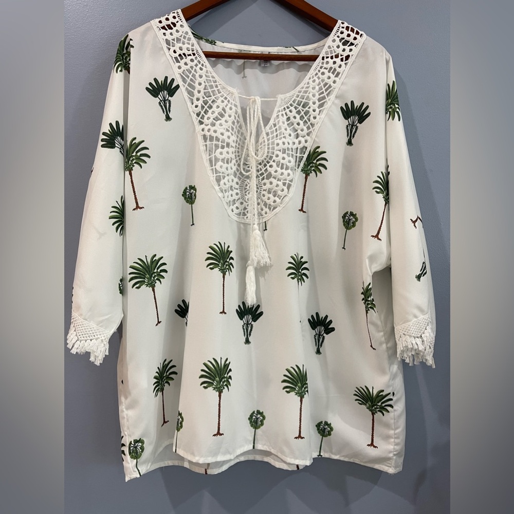 Misslook Women’s White Palm Tree Print Short Sleeve Blouse Deep V Plus Size 2XL